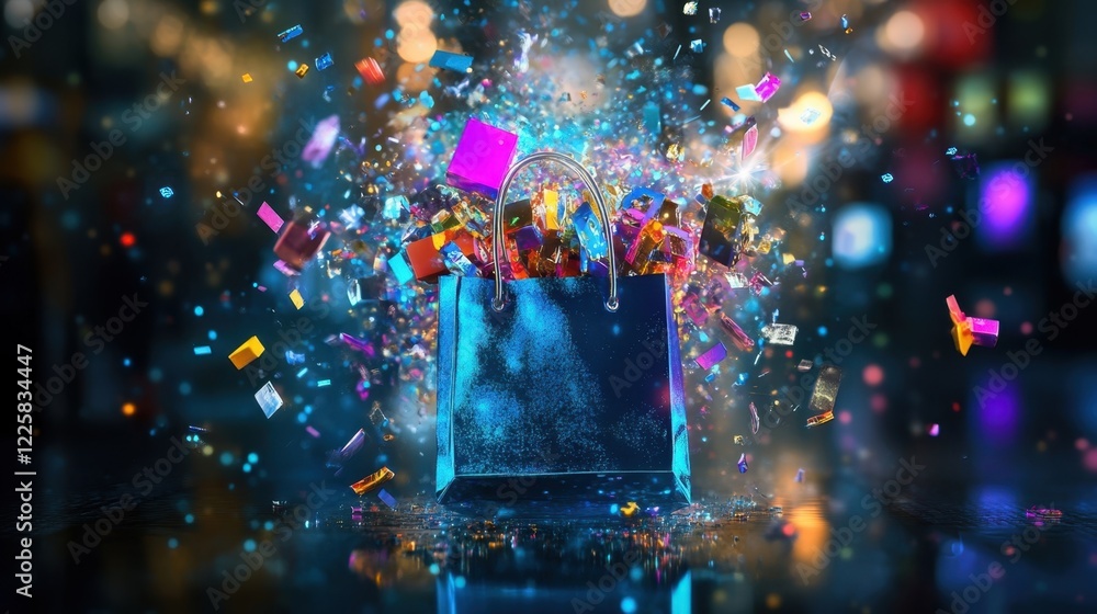 Poster blue shopping bag exploding with colorful confetti and light streaks on dark background with bokeh e