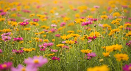 Vibrant Pink and Yellow Flower Field Landscape