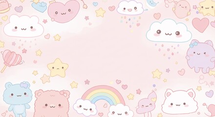Fototapeta premium Cute Kawaii Pastel Background with Animals and Rainbow