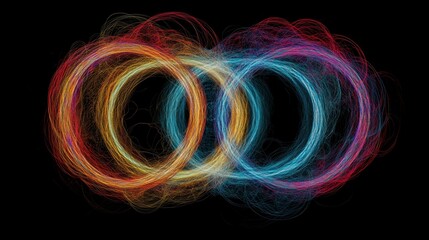 Intertwined luminous rings, vibrant colors, dark background.