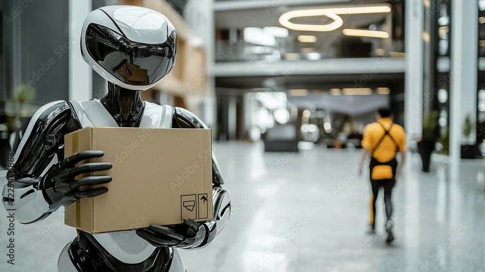 Poster futuristic delivery robot presents innovation in automated logistics within a sleek modern building 