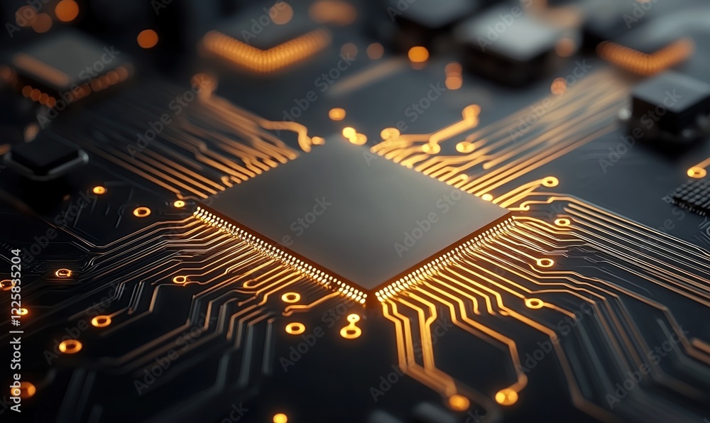 Poster close-up view of a radiant microchip on a circuit board showcasing cutting-edge technology and the f