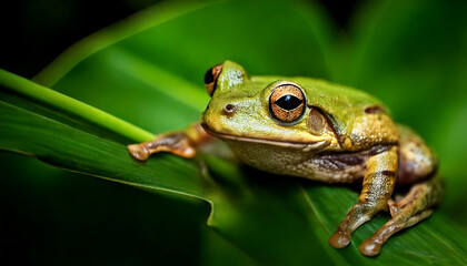 Fototapeta premium Close-up of a vibrant green tree frog perched on a lush green leaf. Its captivating eyes and detailed skin texture are sharply in focus against a blurred background.