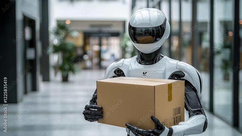 Poster futuristic delivery robot navigates modern architecture with a cardboard package in hand during dayt