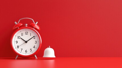 Red alarm clock and bell on red background; time management concept