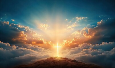 Resurrection light illuminates cross amid vibrant clouds as Jesus rises to heavenly realms at dawn