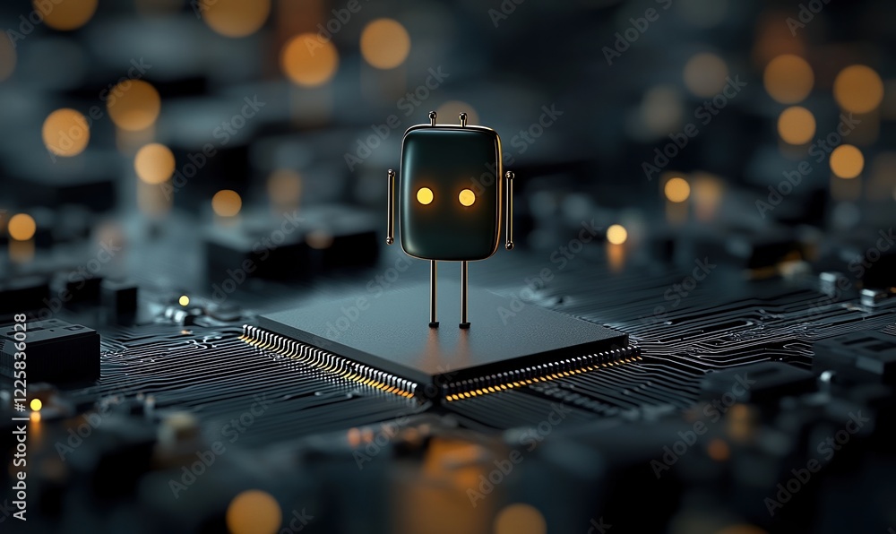 Poster innovative stick figure robot glowing on microchip, showcasing the future of technology and artifici