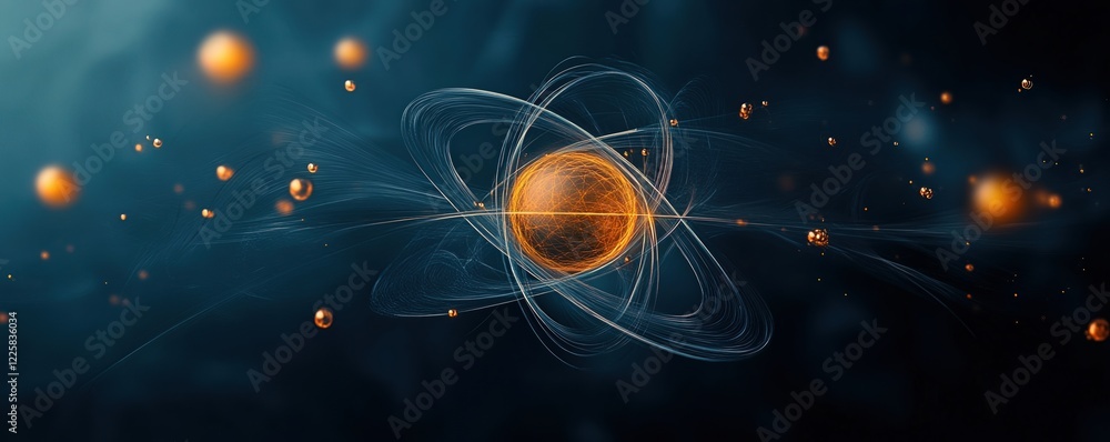 Poster glowing atom in a swirling energy field showcases dynamic power of atomic and quantum science in a f