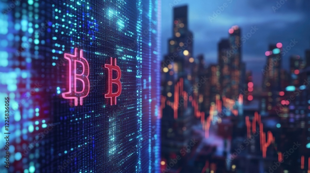 Poster bitcoin cryptocurrency symbol showing on a digital display with glowing pixels and a blurred citysca