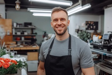 portrait of a man in a workshop or flower shop. A male florist in a black apron smiles