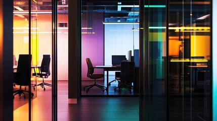 A vibrant modern office space illuminated with colorful lights, showcasing empty desks and chairs, creating a dynamic and inviting atmosphere.