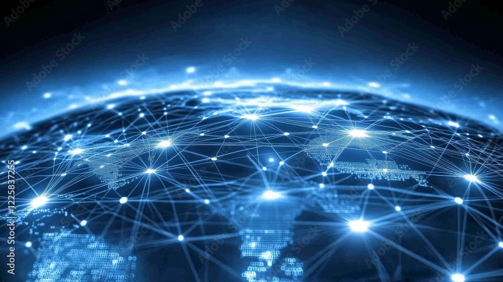 Poster abstract connected dots and lines on blue background. communication and technology network concept w