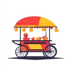 Colorful street food cart, vibrant, food stall, selling fruit and curry, for restaurant marketing