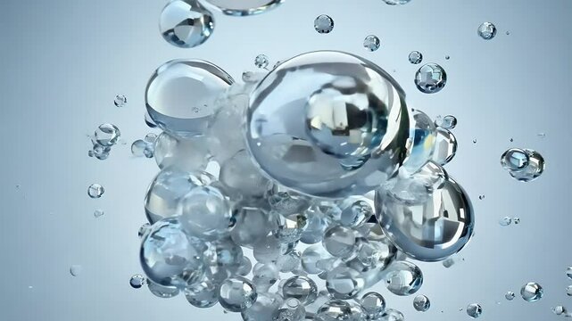 3D animation depicting the explosion of liquid bubbles with transparent spheres flying away and reflecting light realistically