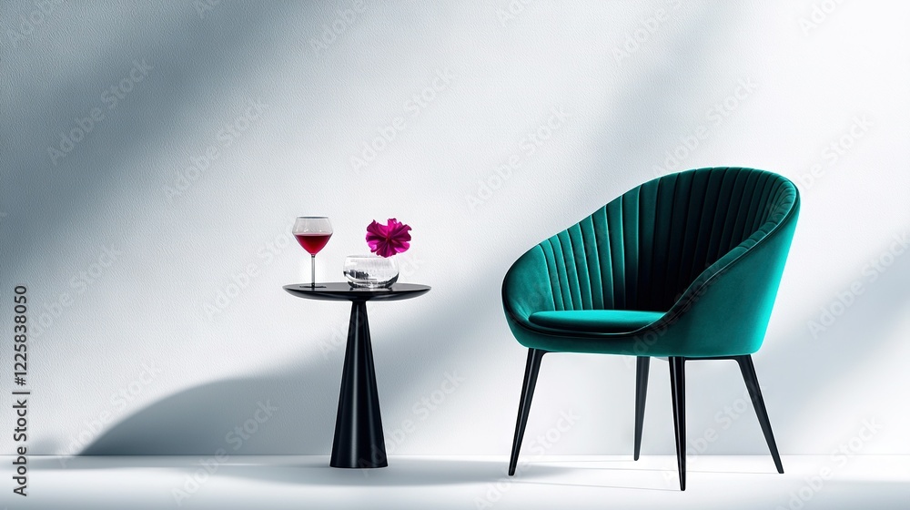 Canvas Prints   A green chair sits beside a black table On the table rests a wine glass and a vase holding a single bloom