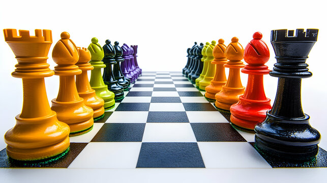 Colorful chess pieces arranged on a board, ready for a game, on a white background; ideal for strategy concepts