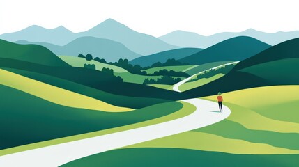 Serene landscape with a winding path and a lone figure walking amidst rolling green hills