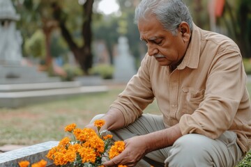 adult Indian man with gray hair transplants orange marigold flowers in the garden or in the park