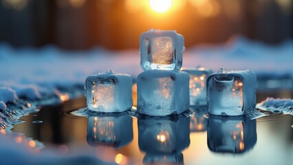 Melting ice cubes on a wet surface reflecting warm sunlight at sunset	