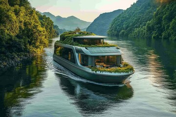 Naklejka premium Serene Cruise: Modern Passenger Ferry with Rooftop Sailing Across the Sea on Sunny Day