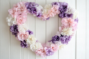 Romantic Heart-Shaped Floral Wreath with Pastel Roses and Hydrangeas for Weddings and Home Décor