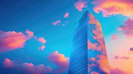 Skyscraper sunset reflection, city architecture, vibrant sky. Use website banner