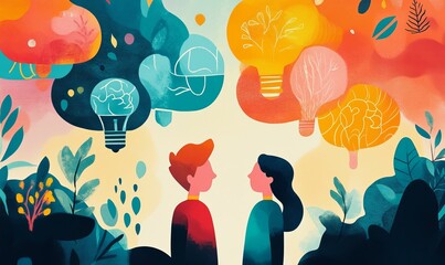 Naklejka premium Two people with lightbulb ideas, abstract flora.