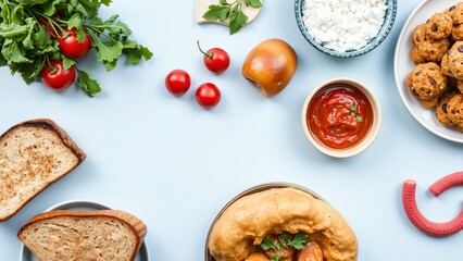 Flatlay of Healthy and Delicious Food Bread, Tomatoes, Cottage Cheese, Meatballs, and Ketchup
