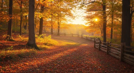 Obraz premium Autumn Sunset Path in Golden Forest Landscape