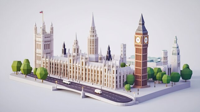 Low Poly London Skyline: Big Ben, Houses of Parliament, and Iconic Landmarks