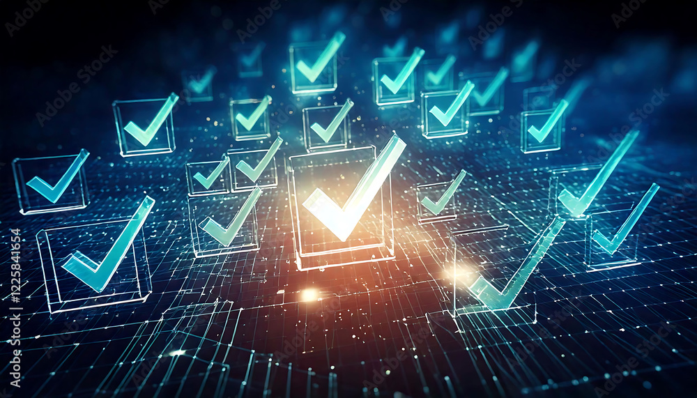 Poster stunning abstract image of glowing checkmarks in a digital grid. perfect for illustrating concepts o
