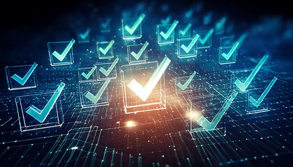 Stunning abstract image of glowing checkmarks in a digital grid. Perfect for illustrating concepts of success, completion, verification, technology, and data security.