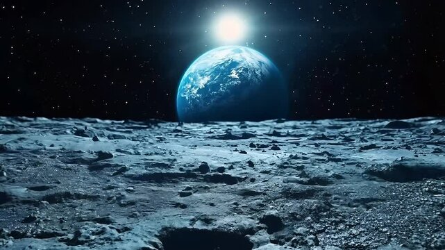 A remarkable footprint marks the lunar surface, symbolizing human exploration. The Earth shines brightly in the background, highlighting the significance of this monumental achievement in space.