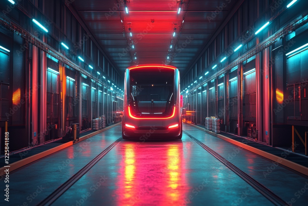 Poster smart robotics revolutionizing goods unloading in industrial setting with self-driving delivery vehi