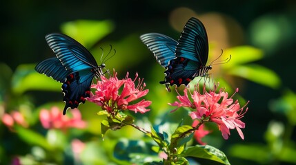 Blue butterflies flutter over magenta Cosmos flowers in spring summer in nature outdoors in sunlight, macro.