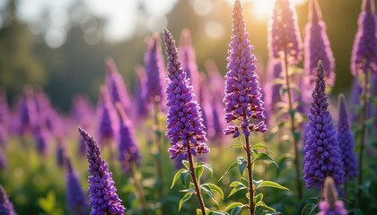 Purple flowering plants illuminated by soft sunlight in a vibrant garden setting