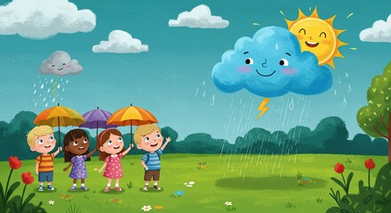 Obraz premium Children's Illustration of a Rainy and Sunny Day with Happy Clouds and Smiling Kids Holding Umbrellas.