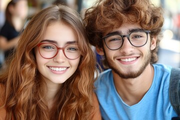 man and a woman wearing glasses look into the frame and smile. a happy relationship or friendship.