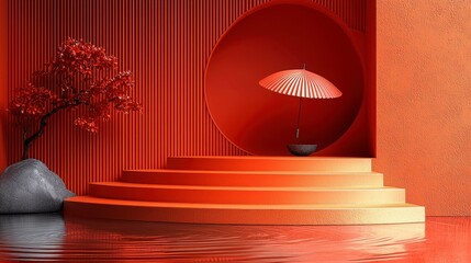 Orange Minimalist Stage with Umbrella, Tree, and Water