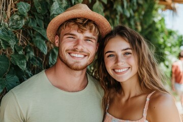 Fototapeta premium young man and a woman smile at the camera. woman is wearing a yellow hat. scene is fun and relaxed. vacations, adventures. couple on summer vacation