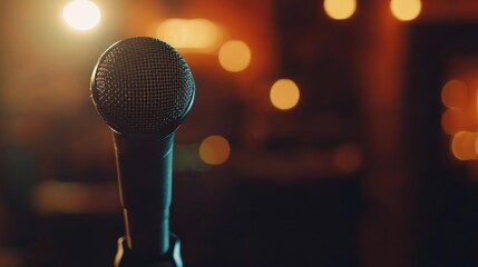 Black podcast microphone on a stand in a cozy, modern studio with warm lighting and blurred background. Ideal for media and communication themes.