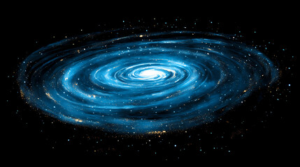 A top view from above of a blue glowing galactic spiral full of stars and nebulae, plain black background. Galactic Plains. Illustration