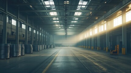 Neatly stacked metal sheets in an industrial warehouse, with rows of steel materials under a spacious ceiling.