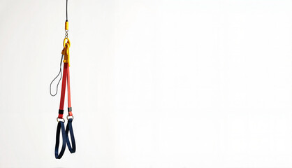 Yellow and red lifting pulley system with straps isolated on a white background with copy space