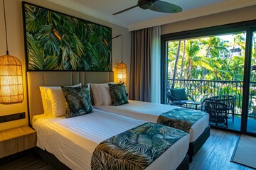 Stylish hotel room featuring two beds with white linens, ceiling fan, and tropical balcony scene