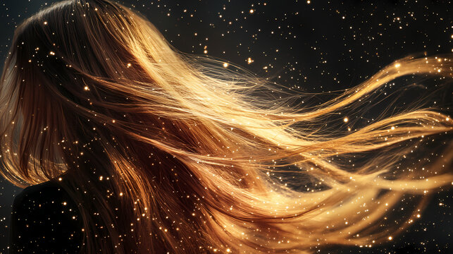 An artistic representation of beautiful flowing hair merging with a starry night, blocked by a plain brown square. Galactic Plains. Illustration