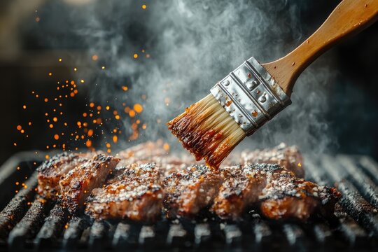 Close - up of a BBQ brush coating ribs with marinade while they cook on the grill