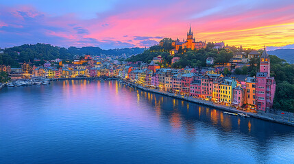 Fototapeta premium Colorful coastal town sunset, harbor, boats, hills, buildings, travel