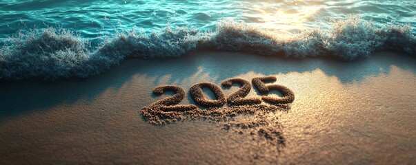 2025 is washing away as a wave comes in on a beach
