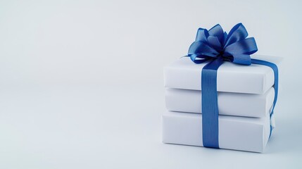 Elegant Stack Of White Gift Boxes With Blue Ribbon